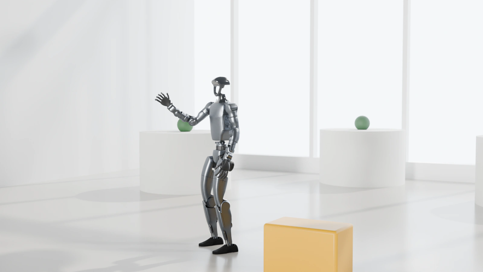 Humanoidní robot Unitree G1 na firemní konferenci v sále plném denního světla
