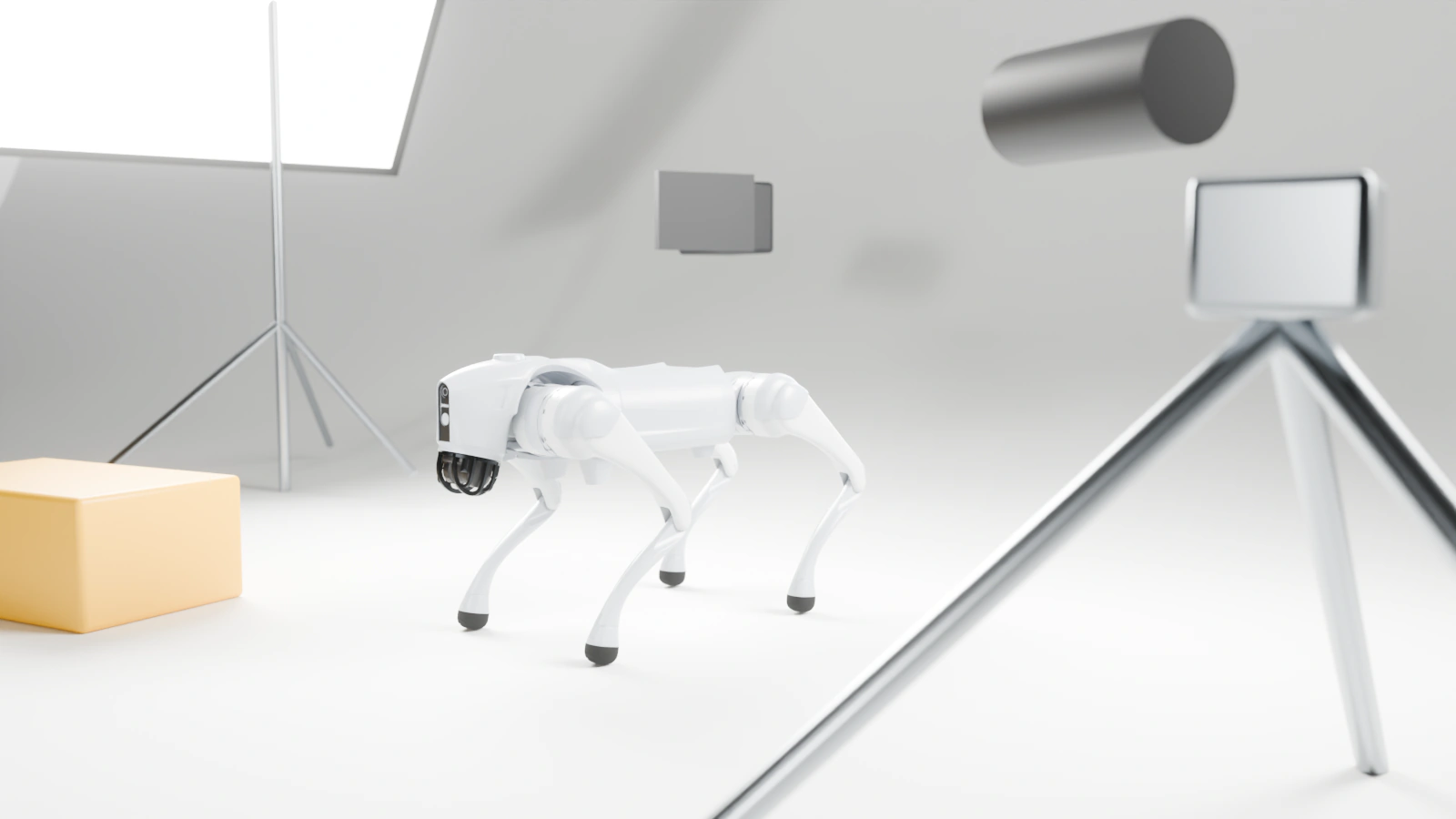 Robotický pes Unitree Go2 při natáčení v jasně osvětleném studiu