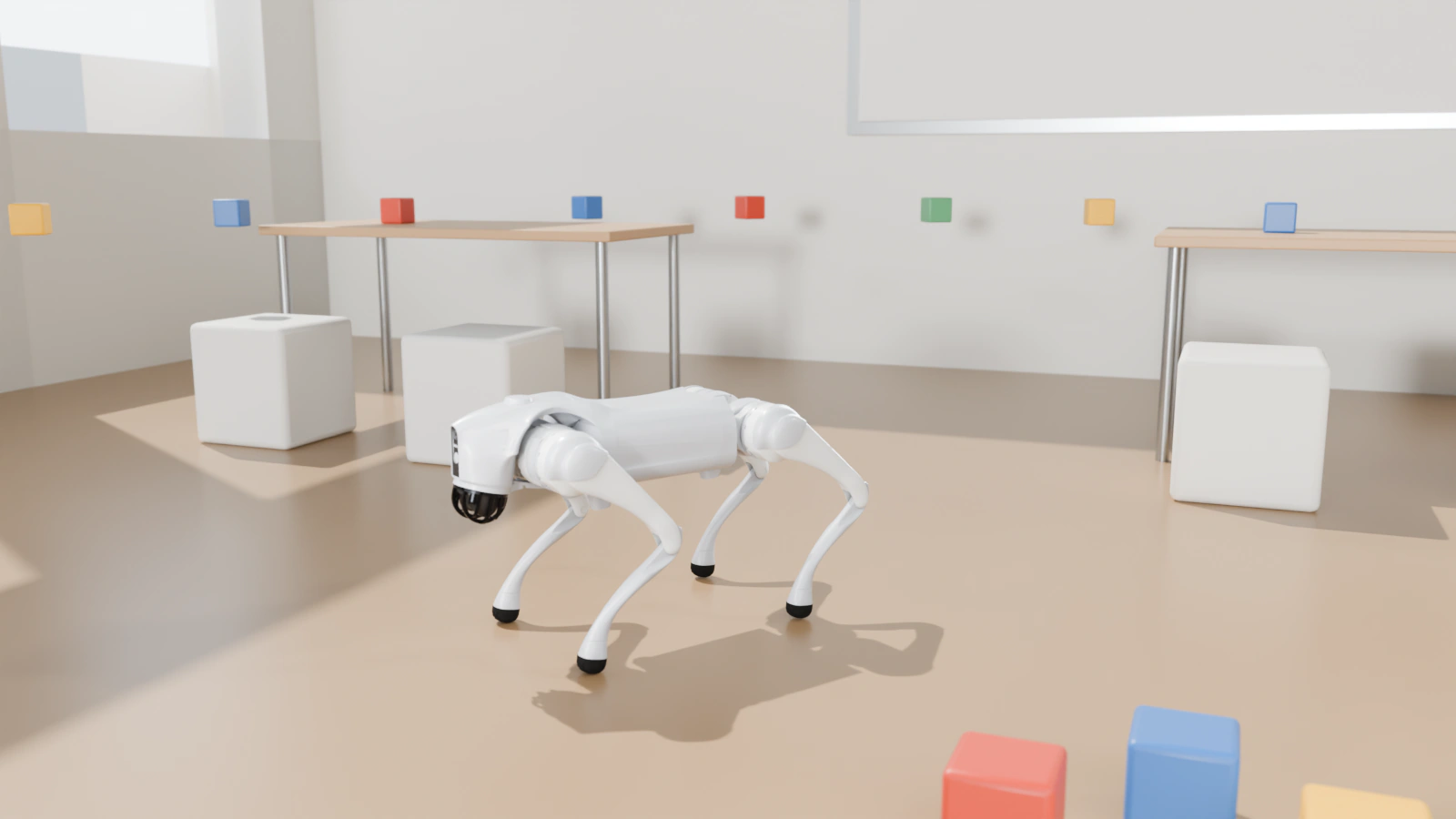 Robotický pes Unitree Go2 ve třídě zalité denním světlem